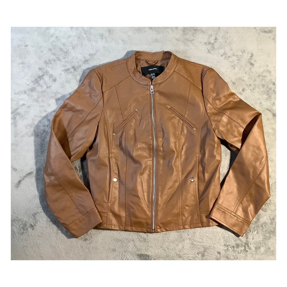Vero Moda Women's XL Brown Faux Leather Biker‎ Jacket